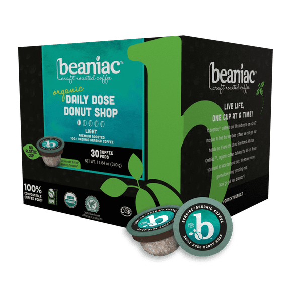 beaniac Organic Daily Dose Donut Shop, Light Roast, Single Serve Compostable K Cup Coffee Pods, Organic Arabica Coffee, Keurig Brewer Compatible, 30 Count