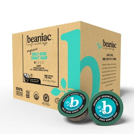 beaniac Organic Daily Dose Donut Shop, Light Roast, Single Serve Compostable K Cup Coffee Pods, Organic Arabica Coffee, Keurig Brewer Compatible, 72 Count