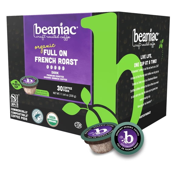 beaniac Organic Full On French Roast, Dark Roast, Single Serve Compostable K Cup Coffee Pods, Organic Arabica Coffee, Keurig Brewer Compatible, 30 Count
