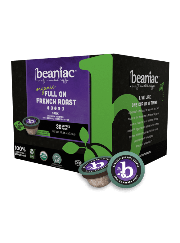 beaniac Organic Full On French Roast, Dark Roast, Single Serve Coffee K Cup Pods, Rainforest Alliance Certified Organic Arabica Coffee, 30 Compostable Plant-Based Coffee Pods, Keurig Brewer Compatible