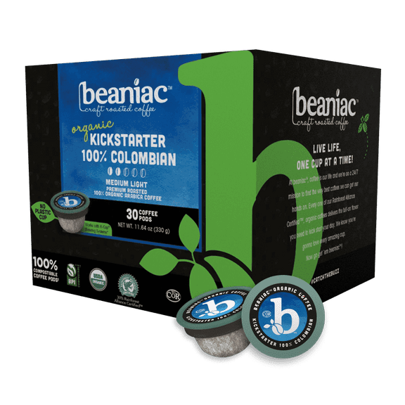 beaniac Organic Kickstarter 100% Colombian, Medium Light Roast, Single Serve Compostable K Cup Coffee Pods, Organic Arabica Coffee, Keurig Brewer Compatible, 30 Count