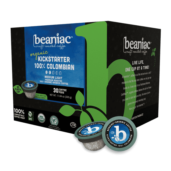 beaniac Organic Kickstarter 100% Colombian, Medium Light Roast, Single Serve Compostable K Cup Coffee Pods, Organic Arabica Coffee, Keurig Brewer Compatible, 30 Count