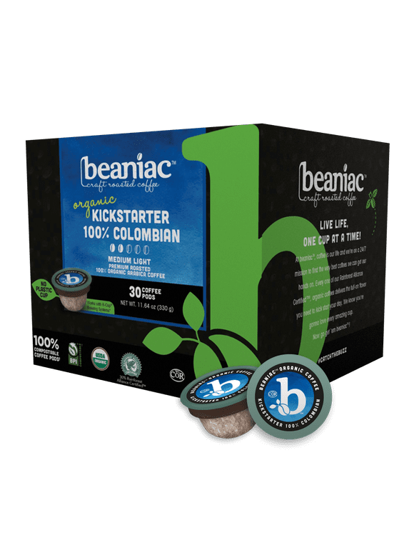 beaniac Organic Kickstarter 100% Colombian, Medium Roast, Single Serve Coffee K Cup Pods, Rainforest Alliance Certified, 30 Compostable, Plant-Based Coffee Pods, Keurig Brewer Compatible