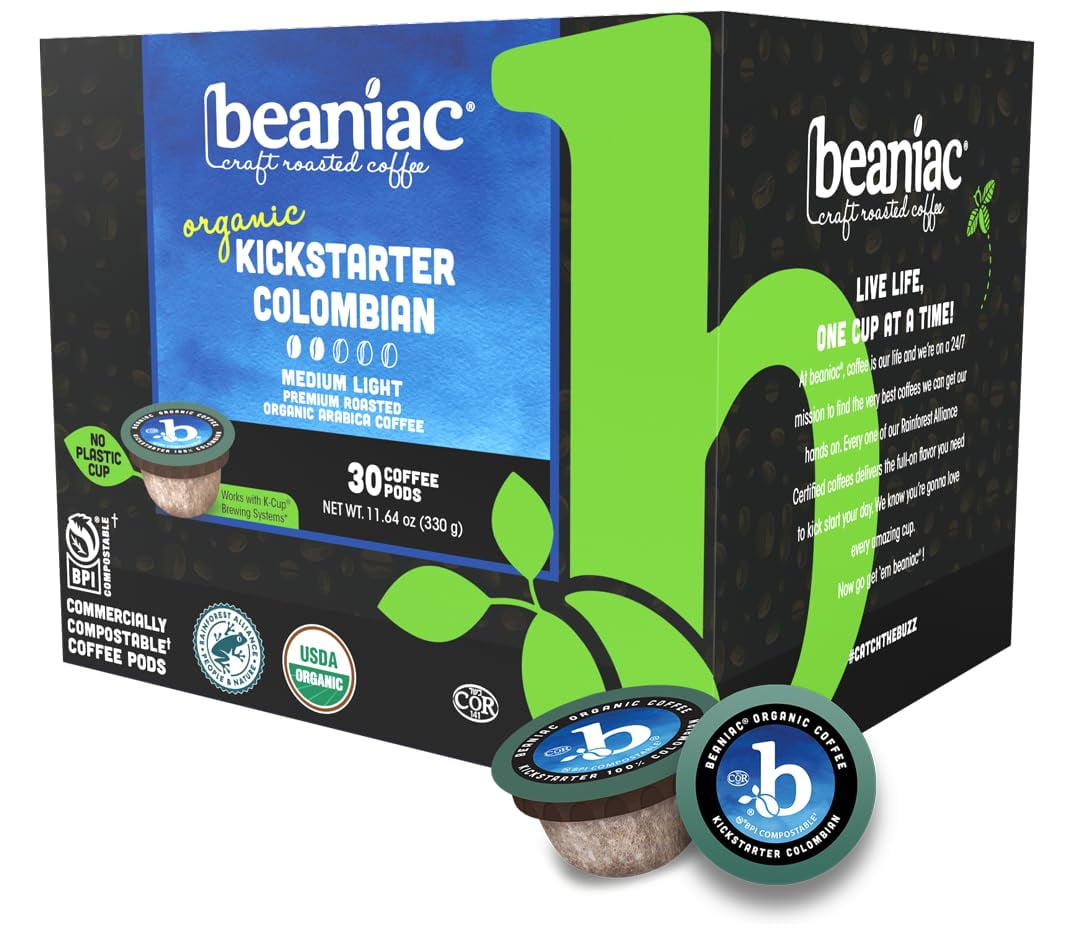 beaniac Organic Kickstarter Colombian, Medium Light ITL1Roast, Single Serve Compostable K Cup Coffee Pods, Organic Arabica Coffee, Keurig Brewer Compatible, 30 Count
