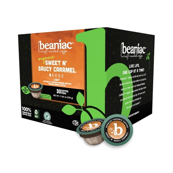 beaniac Sweet n' Saucy Caramel, Flavored Light Roast, Single Serve Compostable K Cup Coffee Pods, Organic Arabica Coffee with Natural Flavors, Keurig Brewer Compatible, 30 Count