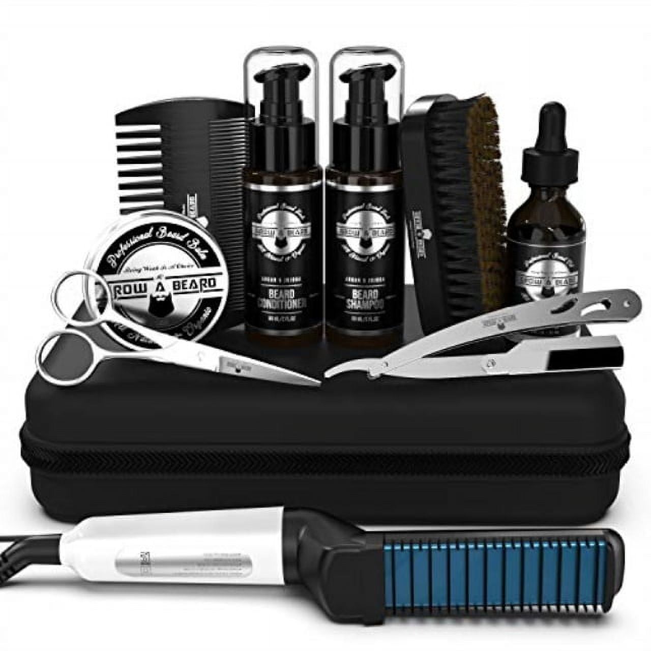 Beard Straightener Grooming Kit for Men, Beard Growth Kit, Beard Wash,  Brush & Comb, Unscented Growth Oil, All Natural Chanel Balm, Conditioner,  Razor & Scissors, Great Gift Black