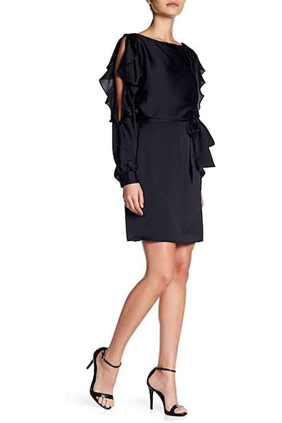 Cold Shoulder Ruffle Blouson Dress, Black - 6