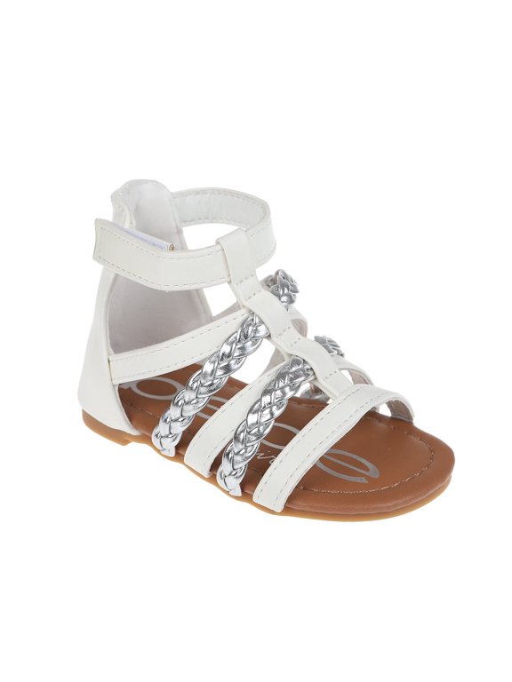 Girl's Comfy Gladiator Flat Sandals with Gold Braided Strappy Design - Flat Sandals for Toddler, White, 5