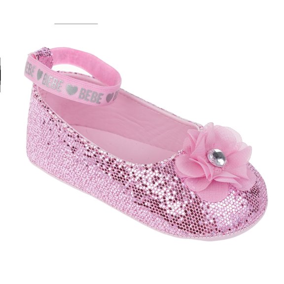bebe Girl's Infant Flat Shoes with Metallic Shimmer, Glitter and Rhinestone - Flats For Infants, Light Pink, 4