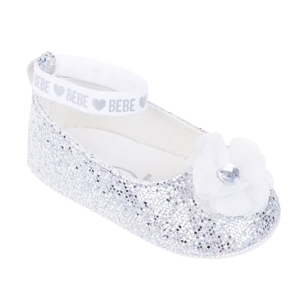 bebe Girl's Infant Flat Shoes with Metallic Shimmer, Glitter and Rhinestone - Flats For Infants, Silver, 4