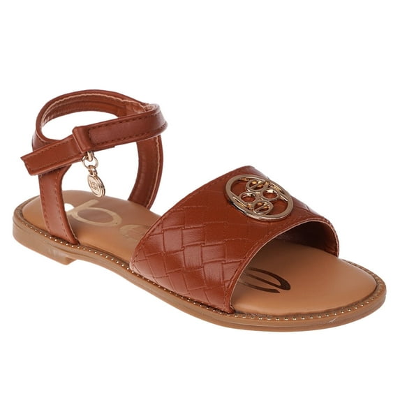bebe Girl's Open Toe Comfy Flat Sandals Embossed with Medallion Hardware Detail - Flat Sandals for Toddler/Little Kid/Big Kid, Tan, 13