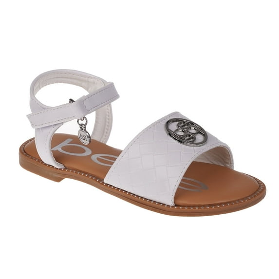 bebe Girl's Open Toe Comfy Flat Sandals Embossed with Medallion Hardware Detail - Flat Sandals for Toddler/Little Kid/Big Kid, White, 12
