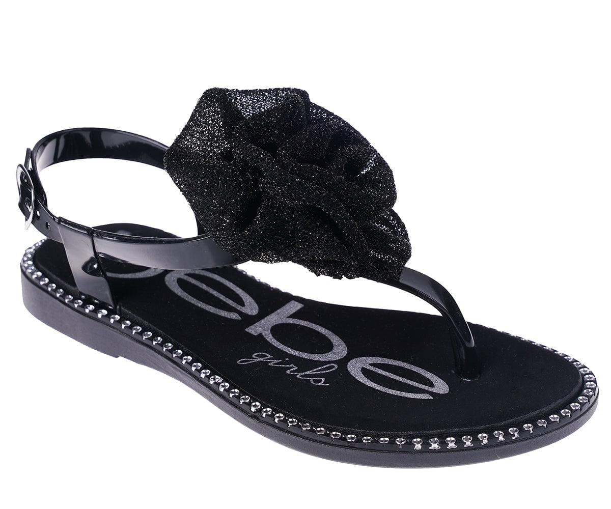 bebe Girl's Sandals- Summer Sandals with Rhinestones - Flat Sandals for Little Kid/Big Kid, Black, 11-12