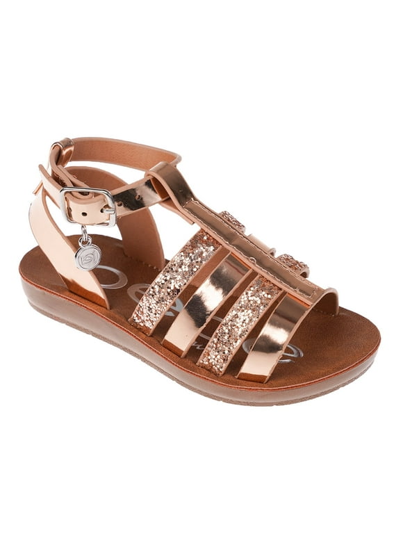 bebe Girl's Shiny Gladiator Flat Sandals with Glittery Strap Design - Flat Sandals for Toddler, Rose Gold, 8