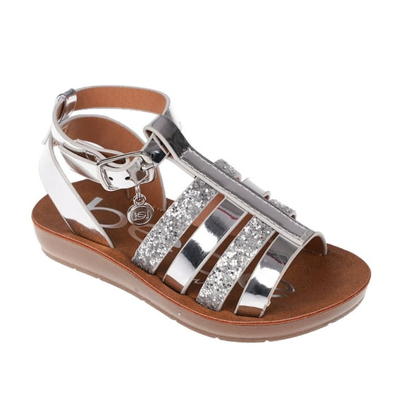 bebe Girl's Shiny Gladiator Flat Sandals with Glittery Strap Design - Flat Sandals for Toddler, Silver, 8