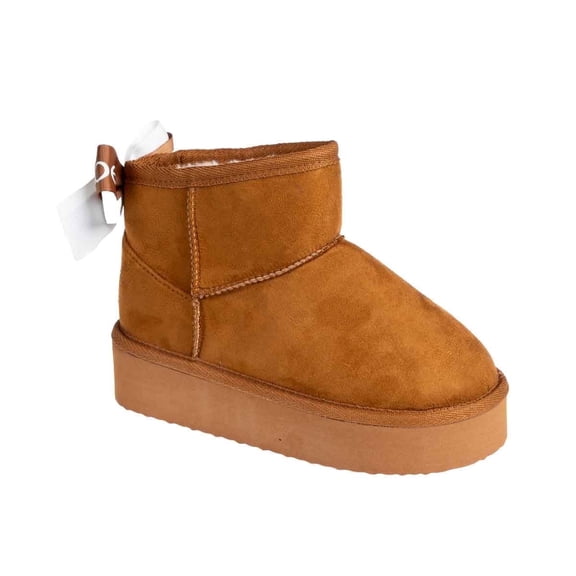 bebe Girl's Slanted Winter Boots with Bebe Bow, Cozy and Stylish Cold Weather Boots for Kids, Cognac, 1