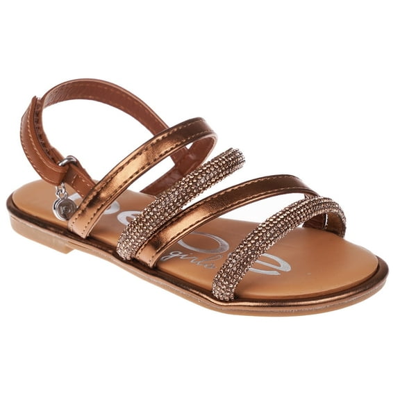 bebe Girl's Stylish Strappy Flat Sandals with Rhinestone Hardware - Flat Sandals for Little Kid/Big Kid, Tan Multi, 12