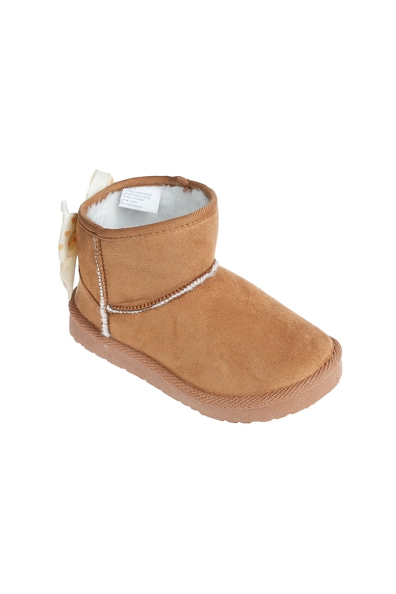 Girl's Toddler Lightweight Winter Boot with Slanted Top Line and Bow - Toddler Cozy Boots, Cognac, 5