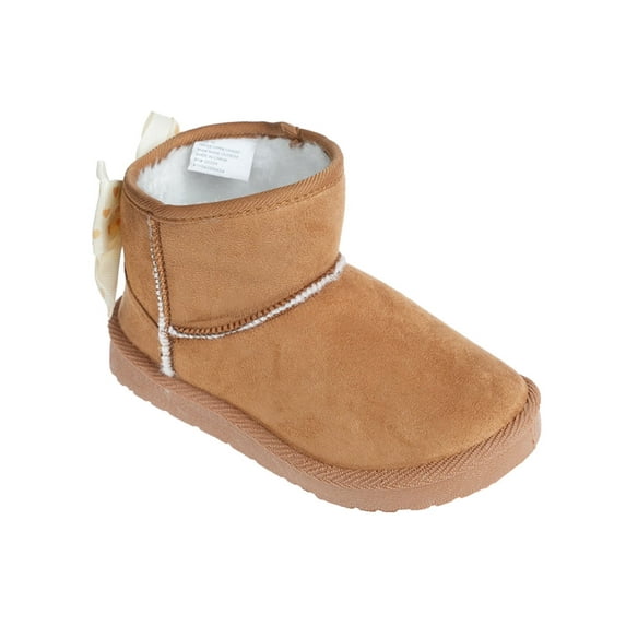bebe Girl's Toddler Lightweight Winter Boot with Slanted Top Line and Bow - Toddler Cozy Boots, Cognac, 8
