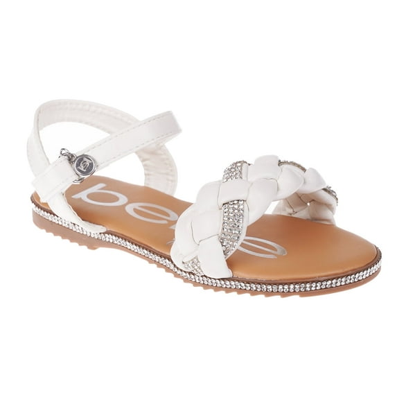bebe Girl's Trendy Braided Flat Sandals with Silver Rhinestone Details - Flat Sandals for Little Kid/Big Kid, White, 1