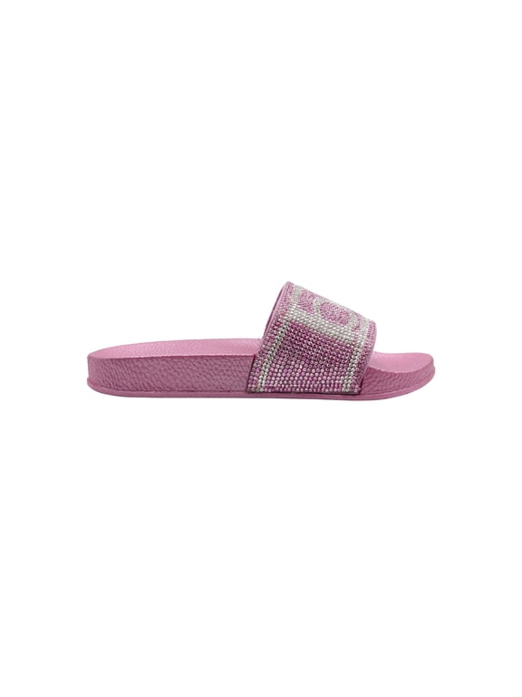 Girls' Slip-On Slide Sandals, Flat Heel Open Toe, Gold & Pink, 11/12