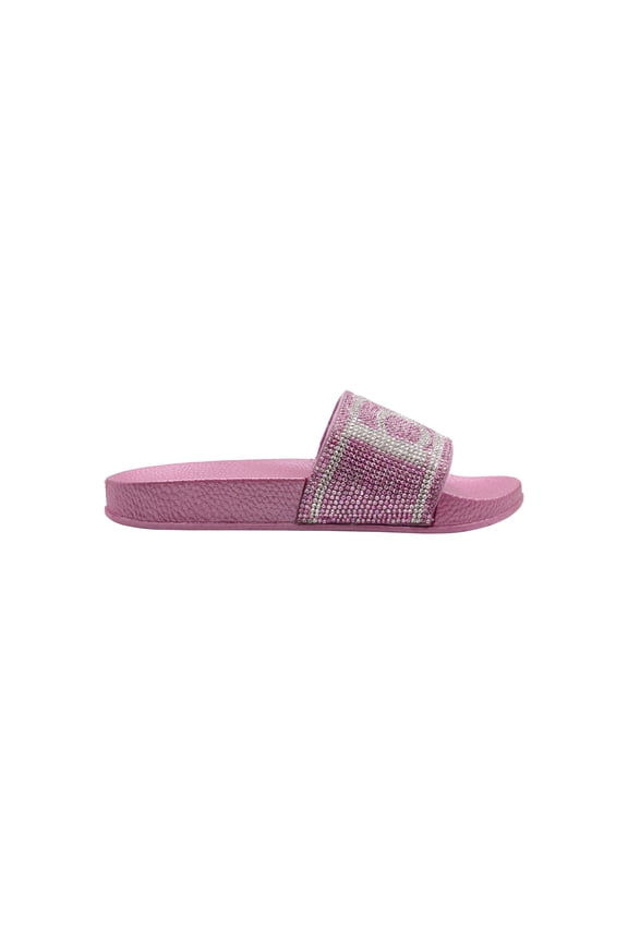 Girls' Big Kid Slip-On Slide Sandals with Rhinestone Logo Strap, Cute Open-Toe Flat Fashion Summer Slipper Shoes