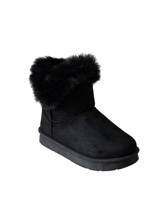 Girls’ Faux Fur Cuff Winter Boots, Cozy Pull-On Ankle Boots