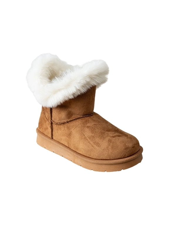 Girls’ Faux Fur Cuff Winter Boots, Cozy Pull-On Ankle Boots