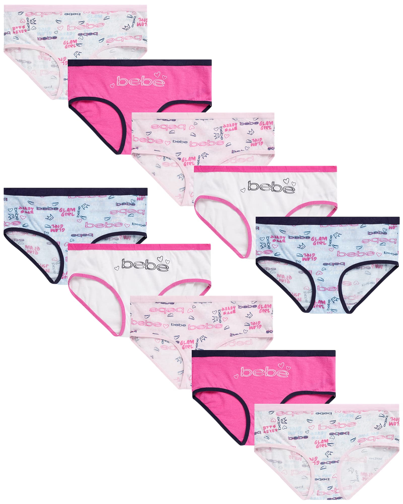 bebe Girls Underwear- 10 Pack 100% Cotton Bikini Briefs (S-L
