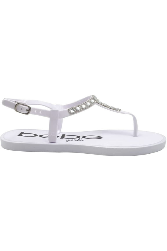 PCU Sparkly Fashion T-Strap Thong Sandals, White (Little Girls & Big Girls)