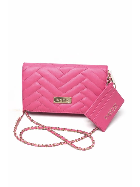 Quilted Chevron Crossbody Bag with Chain Strap and Card Holder, Hot Pink