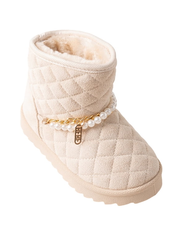 Toddler Girl's Quilted Cozy Boots with Pearl Chain and Charm Accents