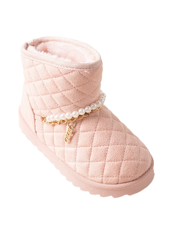 Toddler Girl's Quilted Cozy Boots with Pearl Chain and Charm Accents