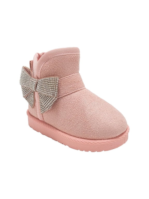 Toddler Girl's Winter Boots – Cozy Microsuede Boots with Rhinestone Bow, Fashion Boots for Toddlers, Slip-On Cold Weather Boots