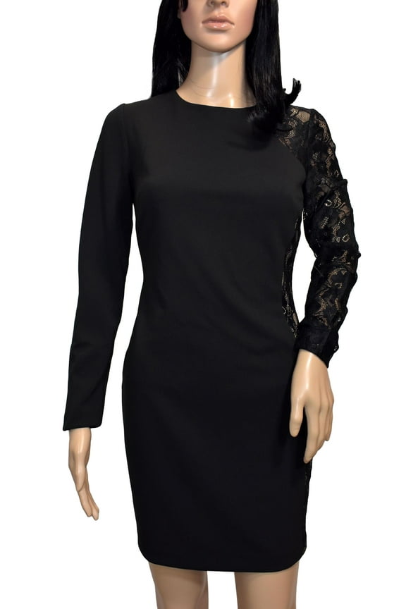 Women's Little Dress with Long One Lace Sleeve, Black, 6