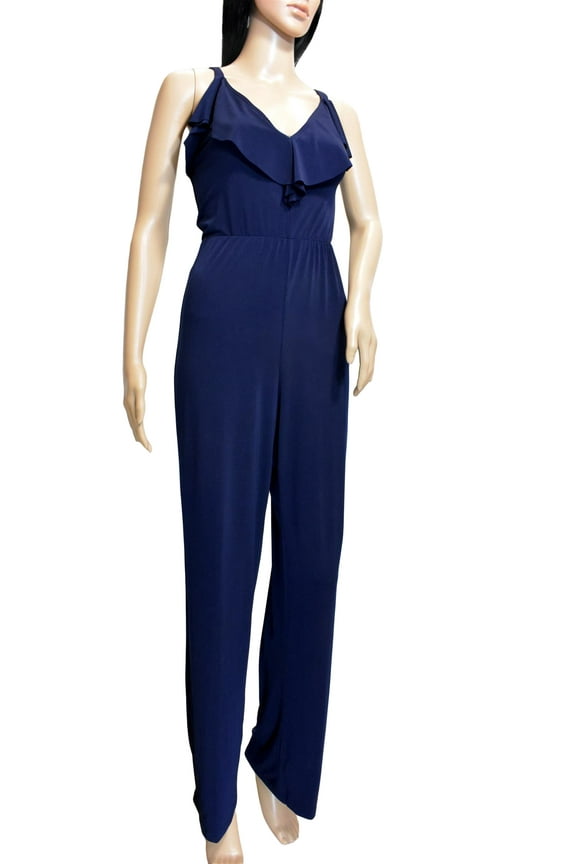 Women's Ruffle Cross Back Jumpsuit, Navy, 12