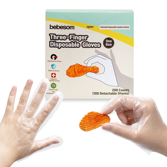 bebesom 3-Finger Disposable Food Gloves, 200ct - Non-Slip Finger Cots