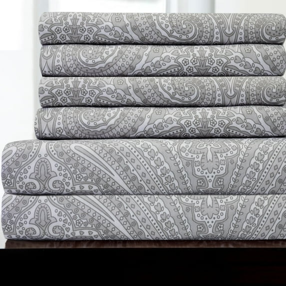 bed bath n more 6 Piece Paisley Print Bedroom Bed Sheet Set- Grey California King
