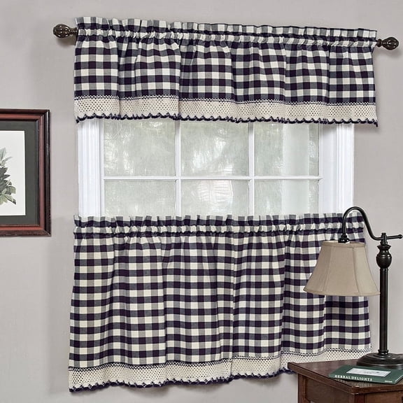 bed bath n more Classic Navy Cotton-blend Buffalo Check Kitchen Curtain Set or Separates tier pair 24x58