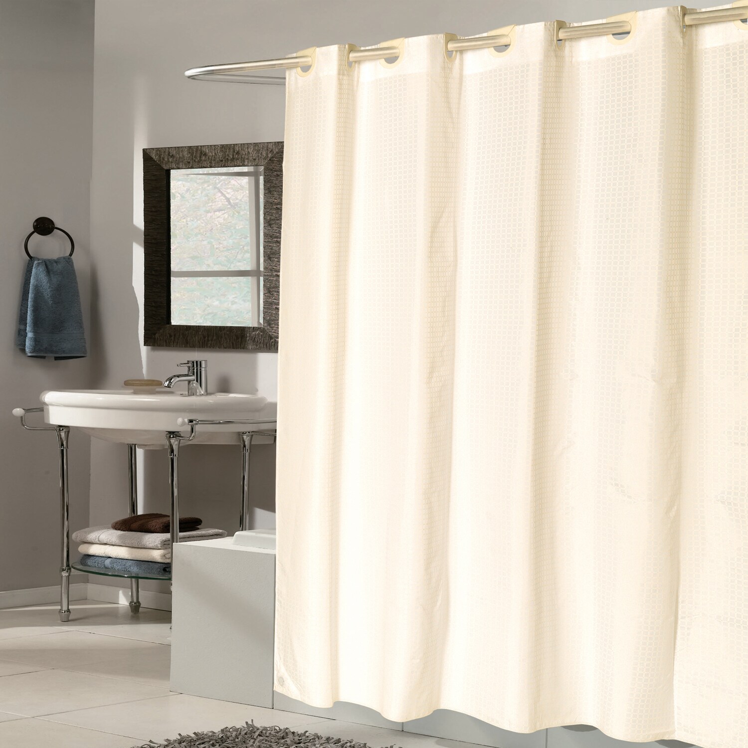 bed bath n more EZ On Check Fabric with Built in Hooks Ivory Shower