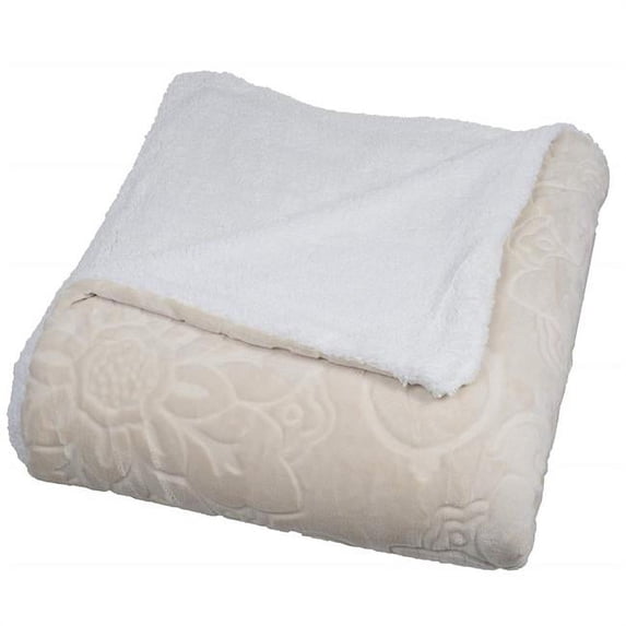 bedford home floral etched fleece blanket with sherpa, twin, vanilla