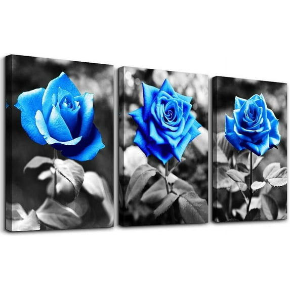 bedroom Wall Art for living room bathroom Wall Decor for kitchen family pictures artwork Black and white Blue rose flowers Canvas paintings 16" x 24" 3 Pieces Modern office Home decorations