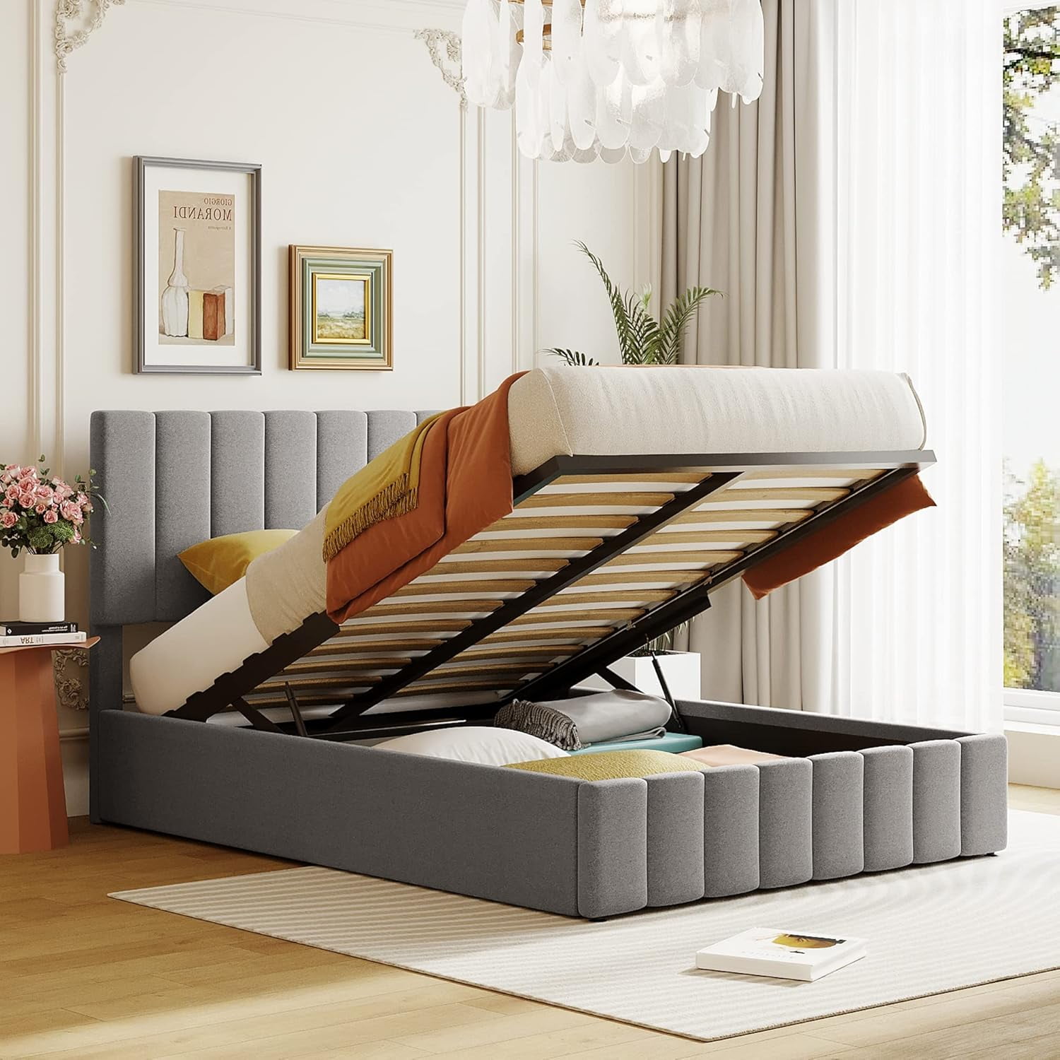 beds Gas Lift Up Storage Platform Bed Frame with Tufted Headboard ...