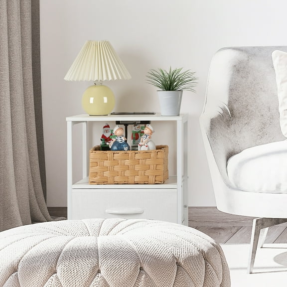 bedside table with charging station White bedside table with fabric drawer Side table with storage Suitable for bedroom Living room