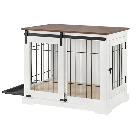 beeNbkks Dog Crate Furniture with Sliding Barn Door Medium 26.5''H x 31.6''W x 23.9''D - White + Walnut