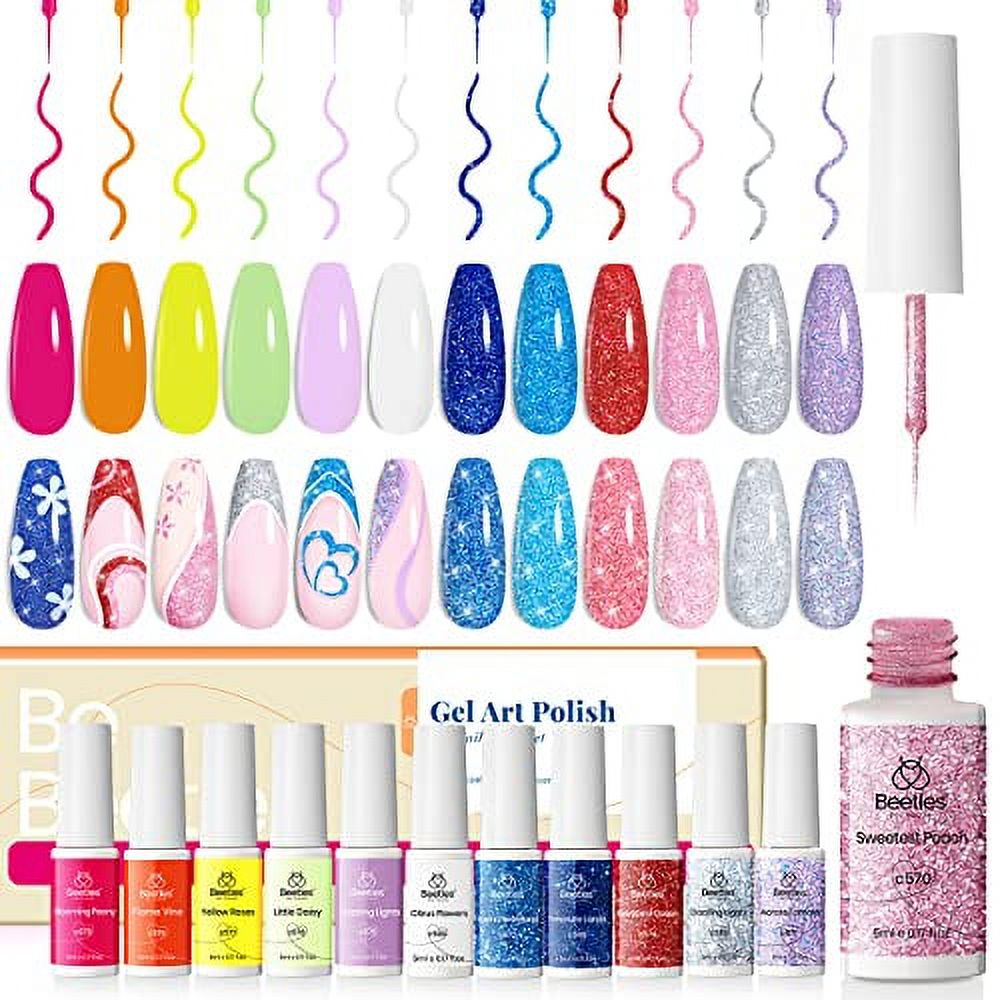 beetles Nail Art Gel Liner Nail Polish,12 Color Reflective Glitter Neon