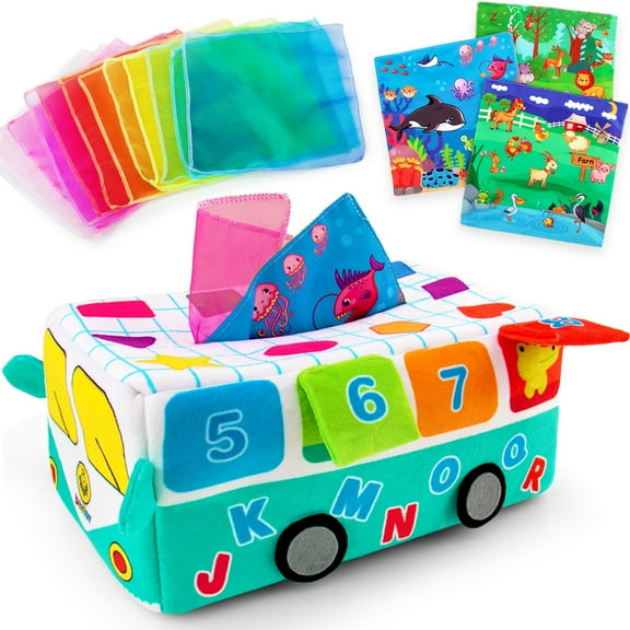 beetoy Baby Tissue Box Toy, Soft Stuffed High Contrast Baby Toys 6-12 Months Sensory Montessori Toys with Crinkle Tissue Papers Colorful Juggling Rainbow Dance Scarves for Toddler, Infants, Newborns