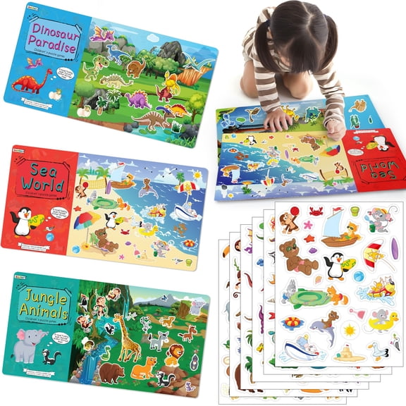 beetoy Reusable Stickers for Kids- Dinosaur Paradise, Ocean World, Jungle Animals 3 Book ( 153 Stickers )Sticker Activity Books Set,Reusable Stickers Pad