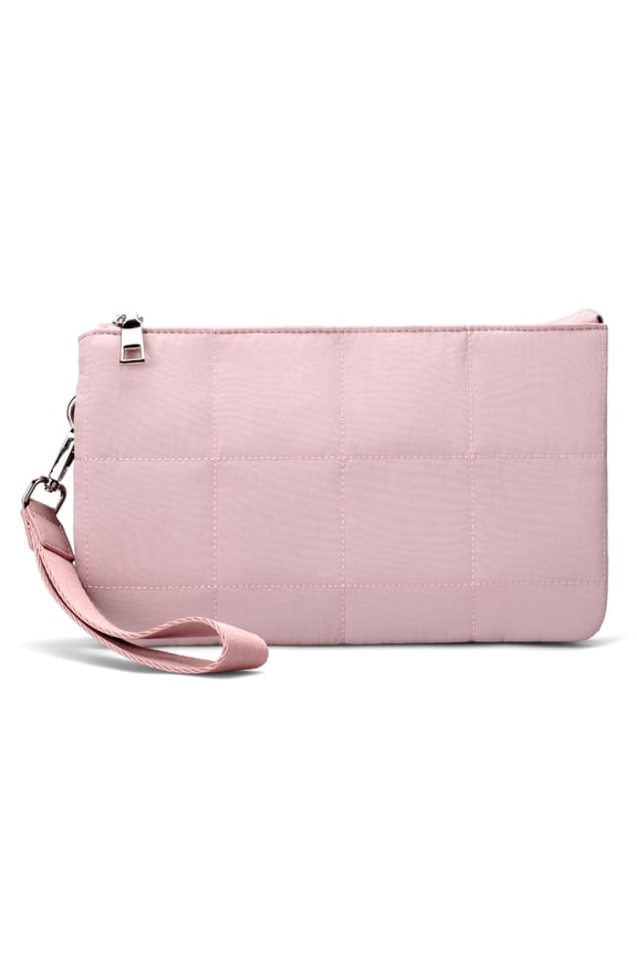 Puffer Crossbody Wristlet Bag for Women, RFID-Blocking Crossbody Purse Built-In Wallet, Lightweight Quilted Shoulder Handbag for Travel with Adjustable Guitar Strap &Wrist Strap, Pink A101