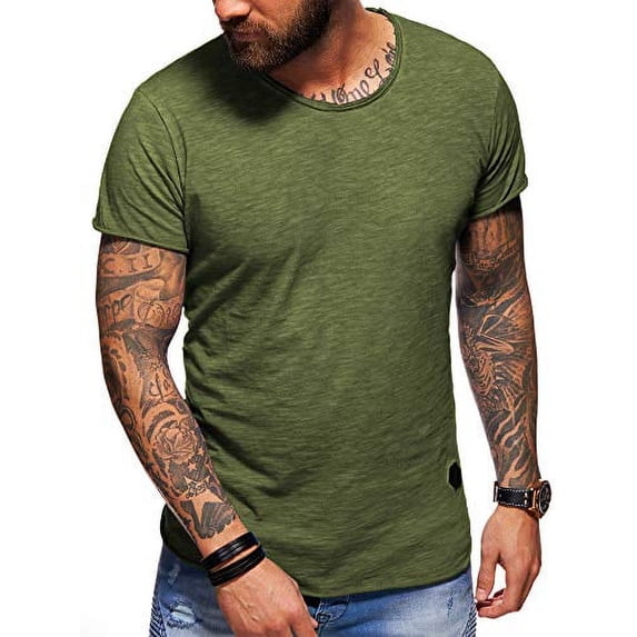 behype. Men's Basic Crewneck Casual Fashion Hipster T-Shirt Muscle Longline Tee Casual Premium Top D-1703 (S,Khaki (wash))
